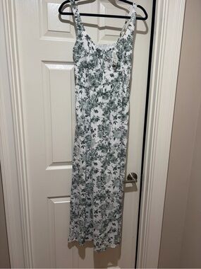Hollister White Maxi Dress with Sage Green Floral Print
